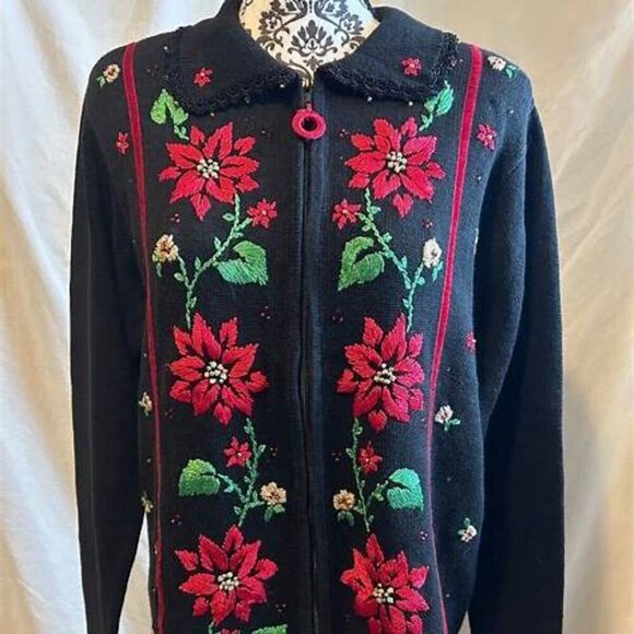 Vintage Poinsettia Christmas Cardigan – Size S, Hand-Embroidered Crewel & Beaded - Picture 1 of 12